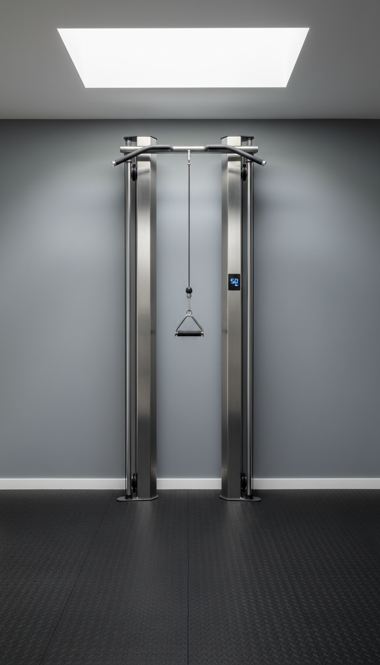 A modern, space-saving cable machine with brushed stainless steel uprights, a minimalist digital display, and precisely routed cables, neatly installed along a flat, ash-gray accent wall in a contemporary home gym. The floor is covered in seamless, textured black rubber tiles, and the machine’s subtle metallic finish catches soft, ambient daylight streaming from a skylight. The mood is sleek, technical, and quietly empowering, communicating high build quality and modern design. The shot is composed at an eye-level, straight-on angle focusing on balanced, structured lines and clean geometry, with photographic realism and a corporate, professional atmosphere.