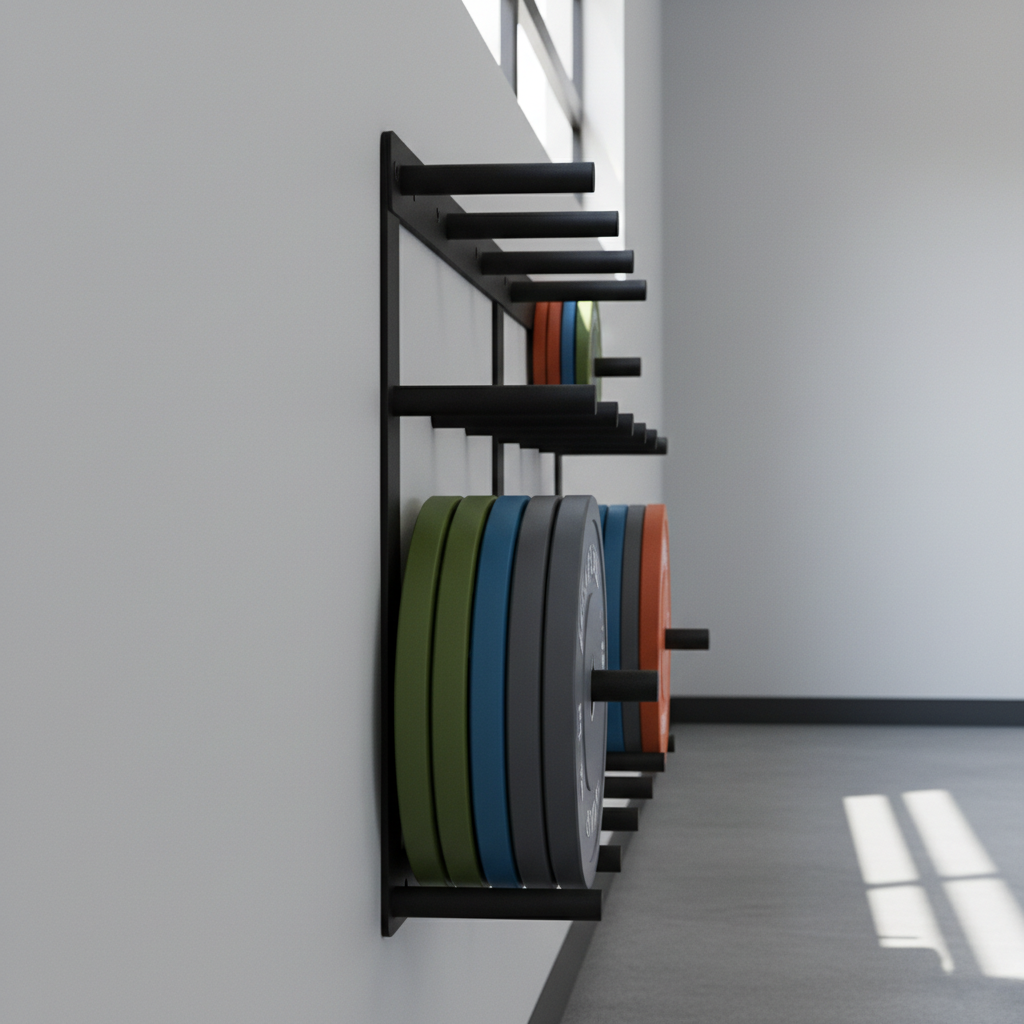 An immaculate, wall-mounted vertical plate storage rack made from laser-cut black steel with rounded edges and rubberized pegs, firmly secured on a pristine, ultra-matte light gray gym wall. Several color-coded bumper plates are methodically arranged on the rack, their vibrant hues subdued by the neutral setting. The space is illuminated by soft, indirect daylight filtering through a high window, producing gentle highlights on the steel and casting organized, linear shadows below. The atmosphere is orderly and systematic, underscoring space efficiency. Captured from a side-on angle with sharp focus throughout, the composition is structured to emphasize the rack's tidiness and functional elegance, aligning with the blog's technical and professional character.