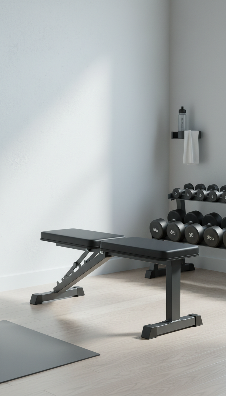 A compact, foldable weight bench crafted from high-density foam with black vinyl upholstery and a powder-coated steel frame, neatly positioned in a small corner of a home gym optimized for limited space. The bench faces a clean, uncluttered white wall, and a neatly organized rack of dumbbells is visible in the background. Cool, indirect daylight softly illuminates the space, producing crisp highlights on metal surfaces and faint, structured shadows. The mood is efficiently organized and subtly inviting, with a professional, corporate aesthetic. Captured from a slightly elevated angle, the composition employs the rule of thirds, giving prominence to the bench's portable design against a balanced and neutral backdrop.