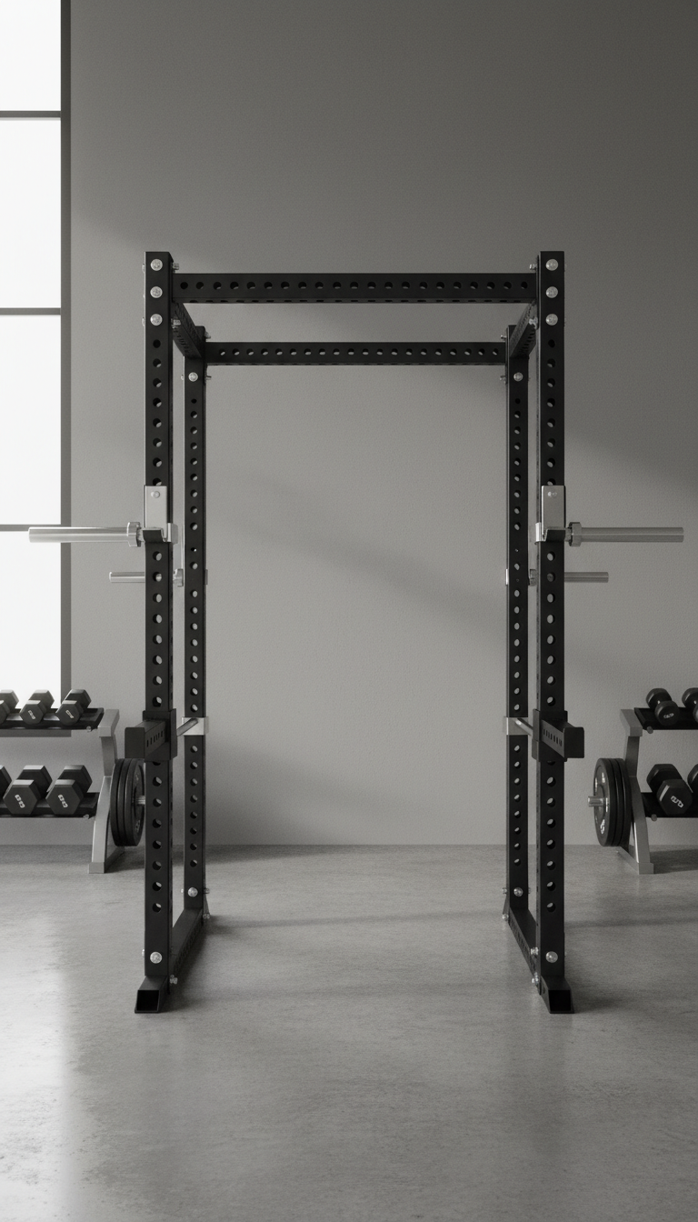 A meticulously engineered, matte black steel power rack featuring precision laser-cut holes and sturdy square tubing, accented by polished chrome hardware. The rack stands against a neutral gray wall in a high-end, minimalist home gym with smooth concrete flooring and subtle metallic equipment racks lining the side. Soft, diffused daylight filters through a frosted window, casting elegant shadows and gentle highlights across the structure. The scene embodies a calm yet authoritative mood. Captured from an eye-level perspective with centered, balanced composition, every detail is sharp with photographic realism, highlighting both form and function. The overall atmosphere is professional and clean, perfectly echoing the technical focus of the site.